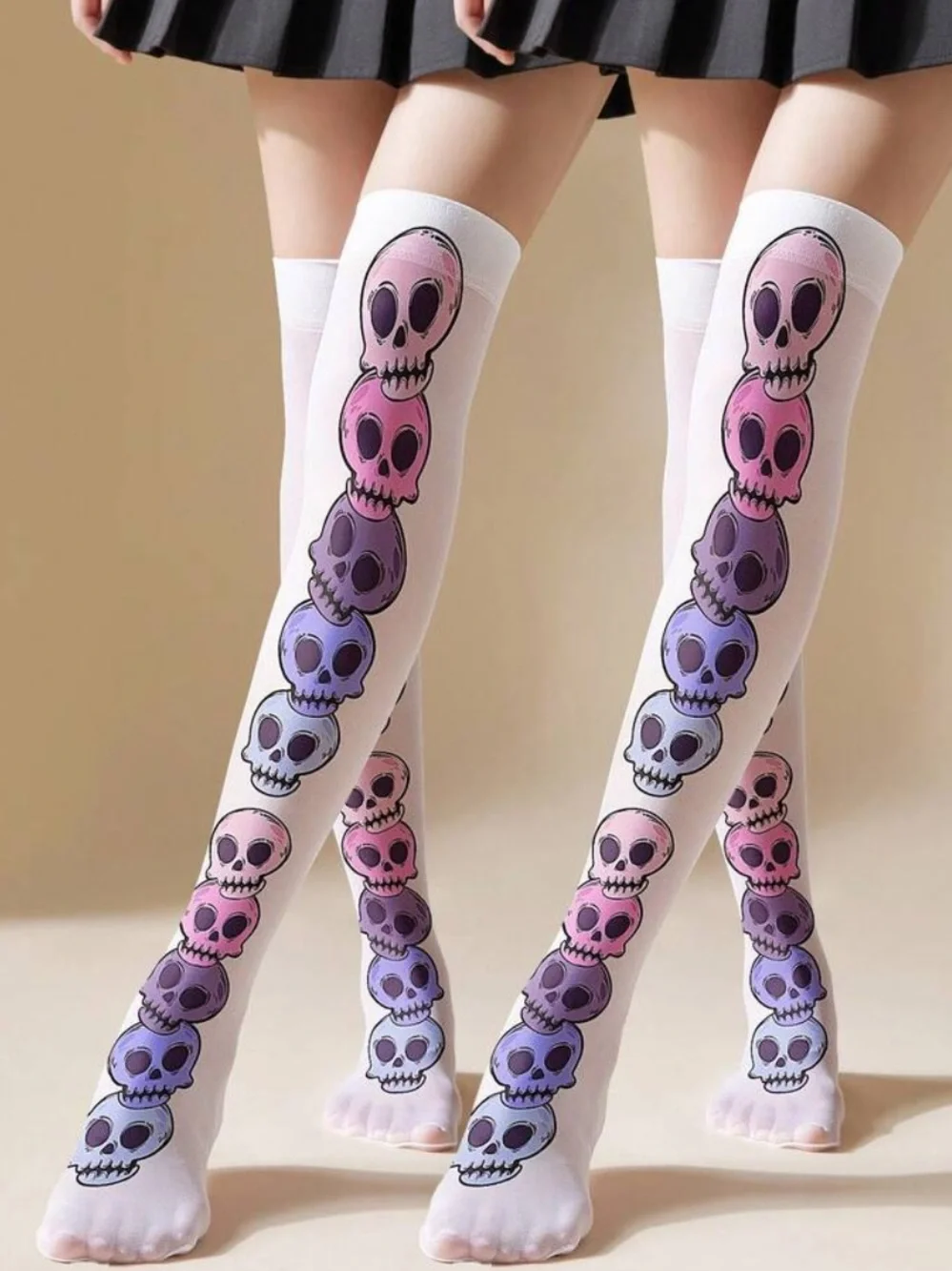 White Over-the-Knee Skull Print Thigh-High Socks - Pink & Purple